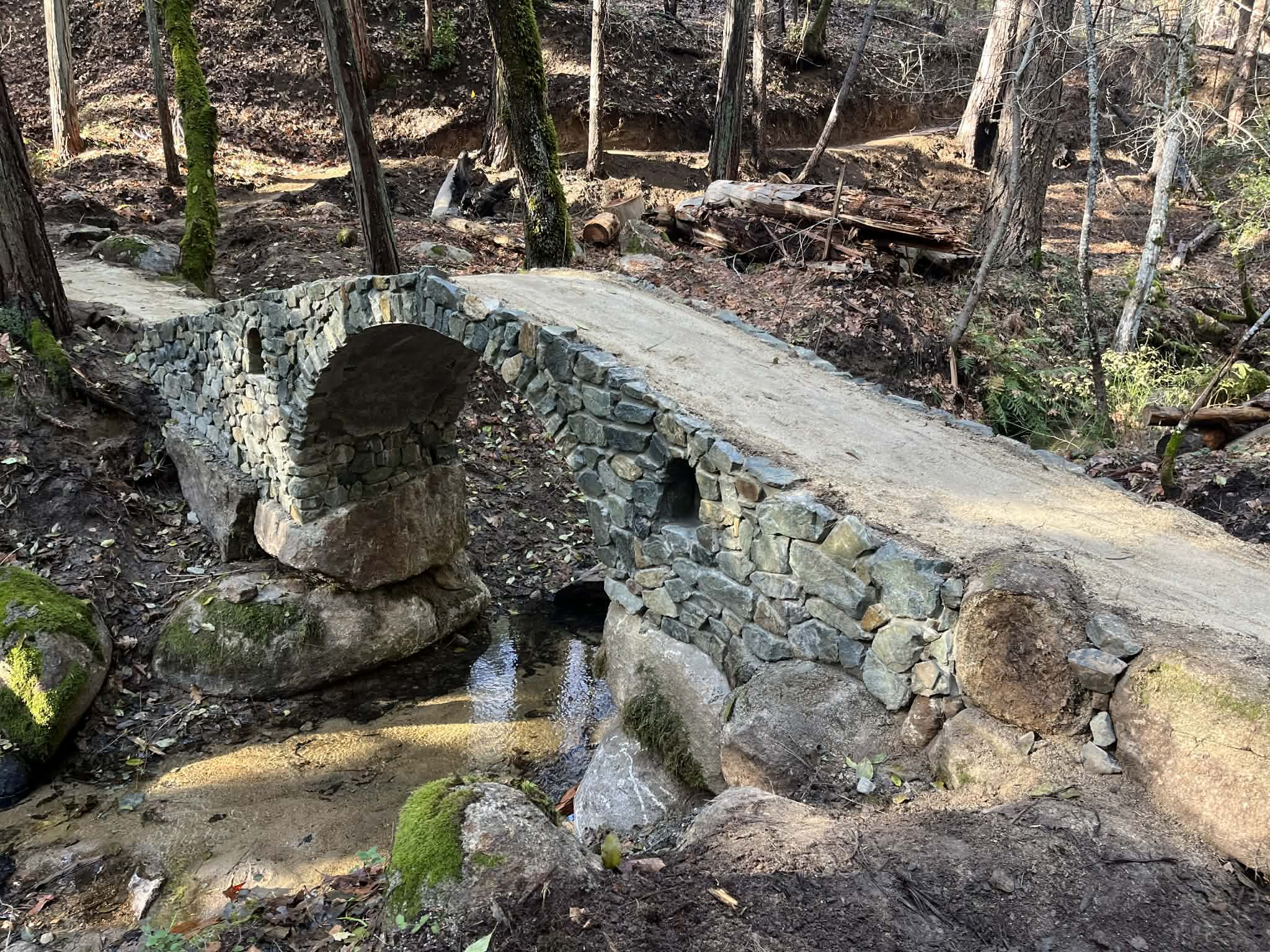 A grey-green stone arch bridge resting on granite boulders over a small forest creek
