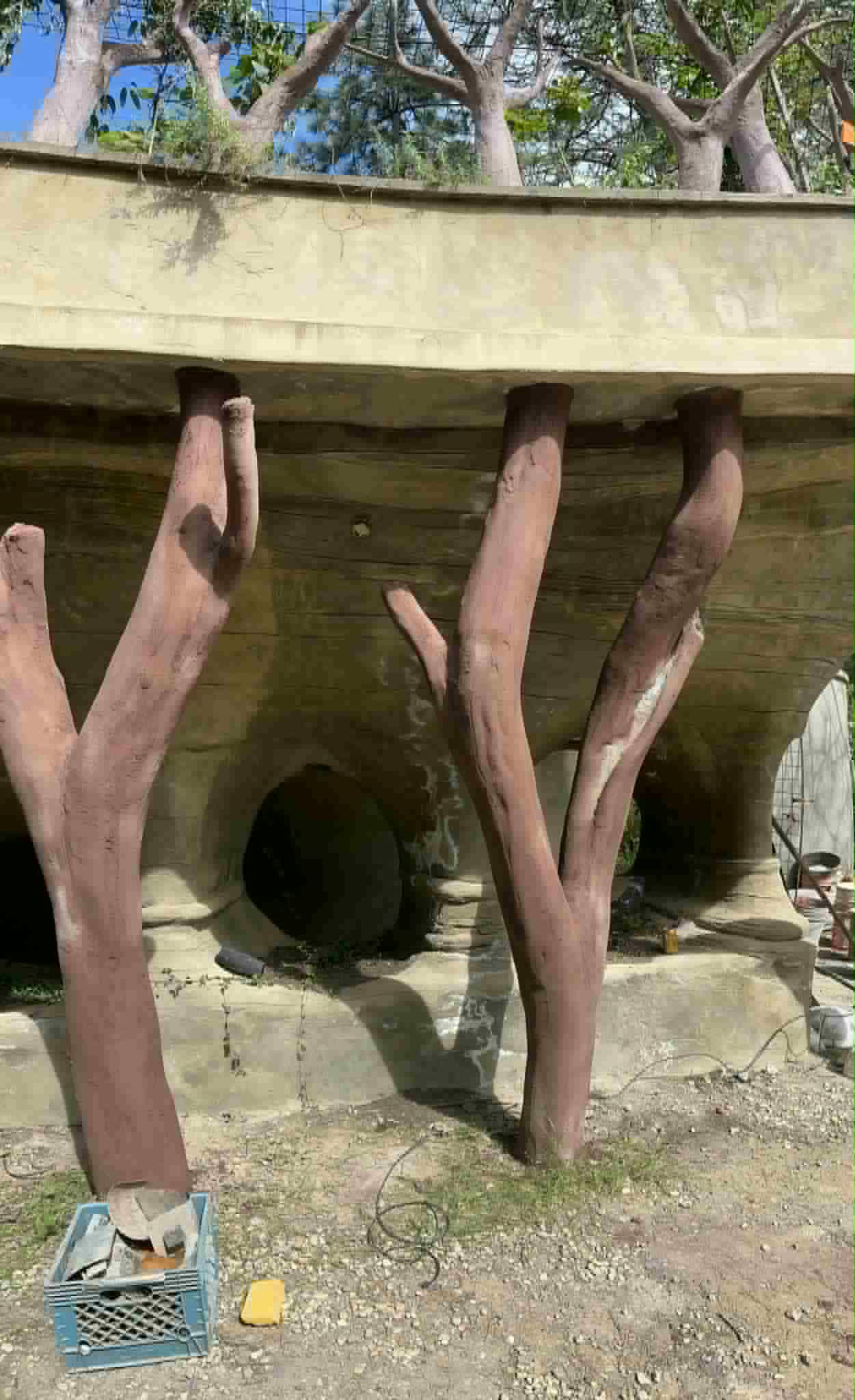 Sculpted ferro-cement columns shaped like branching tree trunks holding up a curved planter deck
